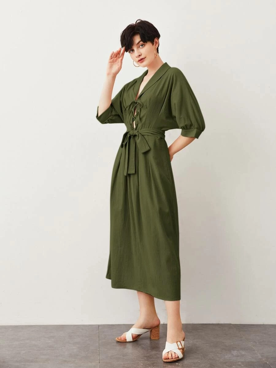 CM-DS520319 Women Casual Seoul Style Half Sleeve Shawl Collar Lace Up Front Belted Dress - Army Green