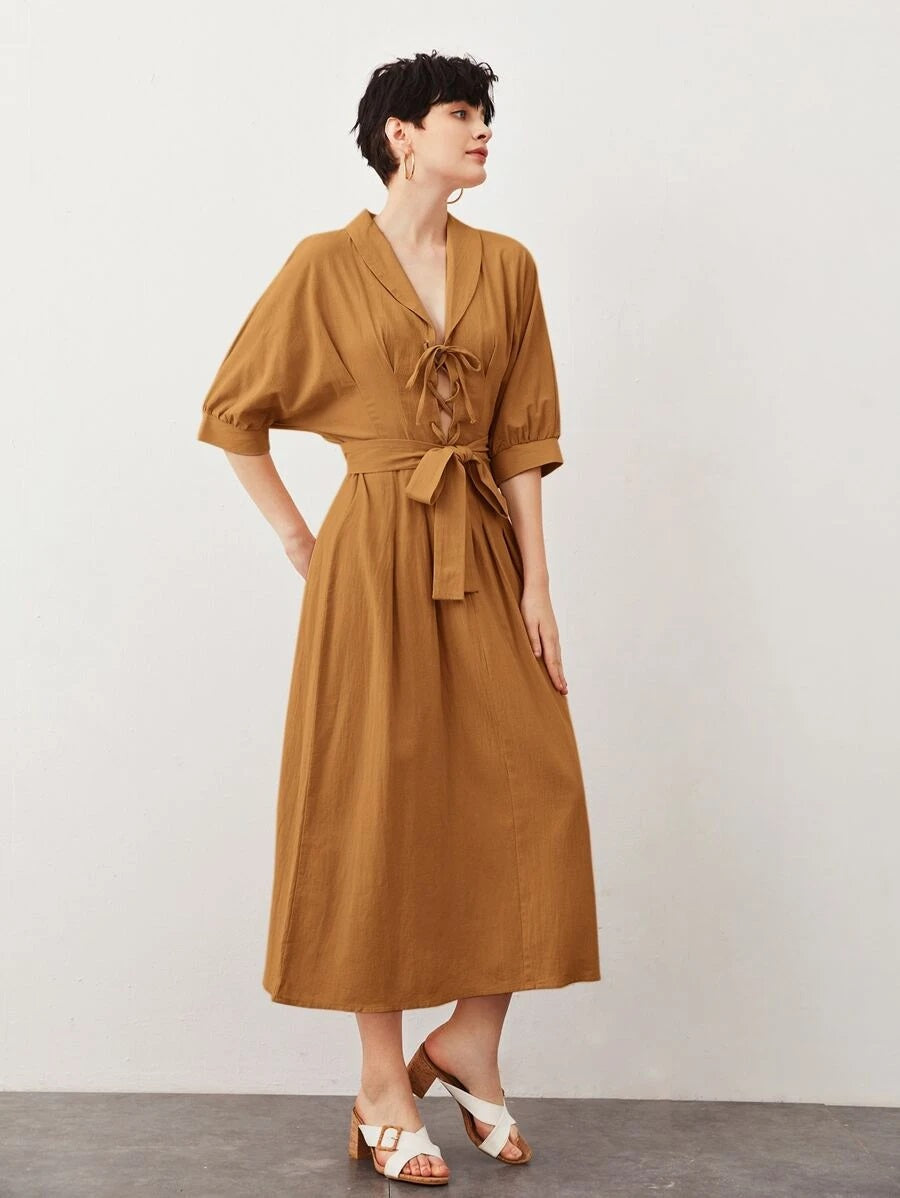 CM-DS520317 Women Casual Seoul Style Half Sleeve Shawl Collar Lace Up Front Belted Dress - Ginger