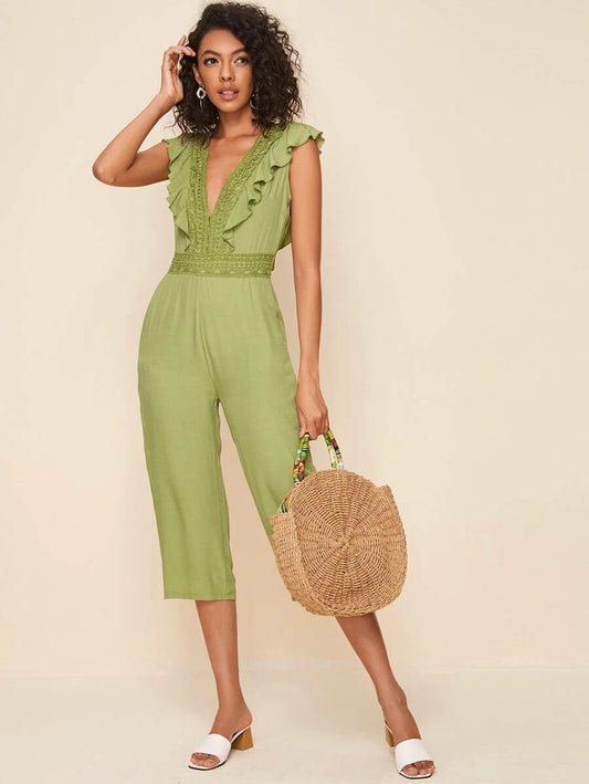 CM-JS424703 Women Trendy Bohemian Style Sleeveless Ruffle Trim Lace Insert Capri Jumpsuit - Green
