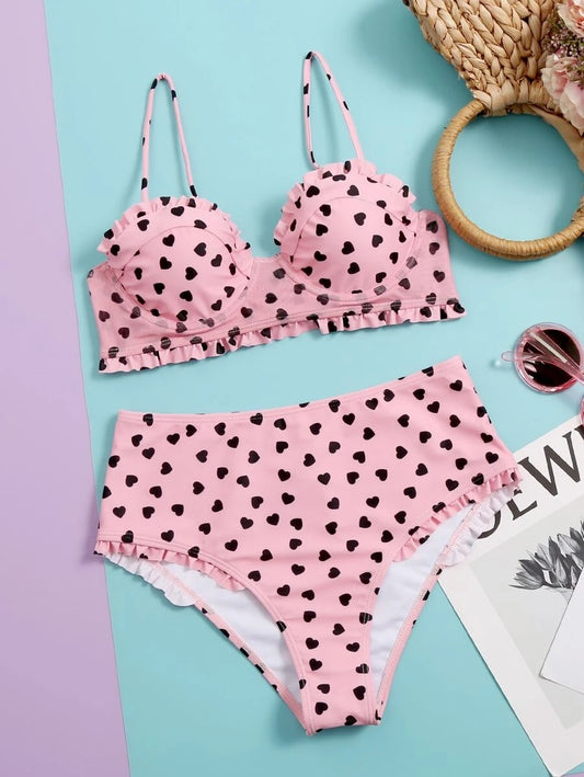 CM-SWS528904 Women Trendy Seoul Style Heart Print Frill Underwire Bikini Swimsuit - Pink