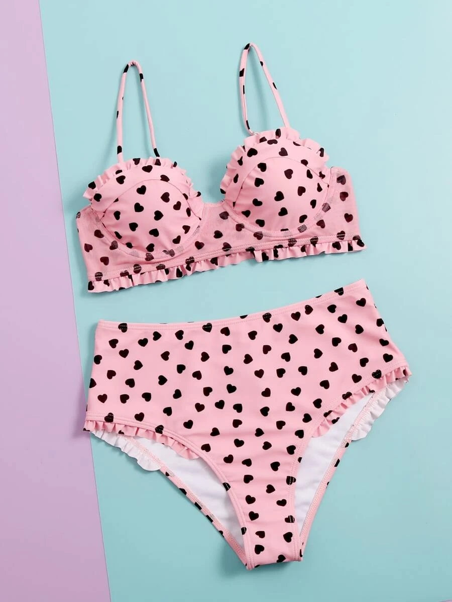 CM-SWS528904 Women Trendy Seoul Style Heart Print Frill Underwire Bikini Swimsuit - Pink