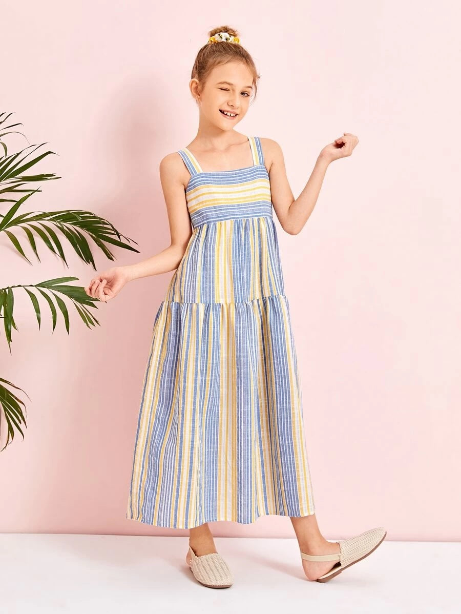 CM-KDS525315 Girls Trendy Bohemian Style Sleeveless Striped Slip Long Dress