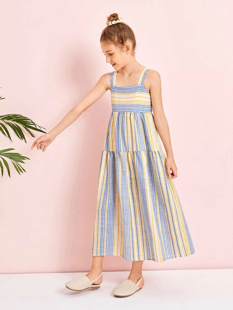 CM-KDS525315 Girls Trendy Bohemian Style Sleeveless Striped Slip Long Dress