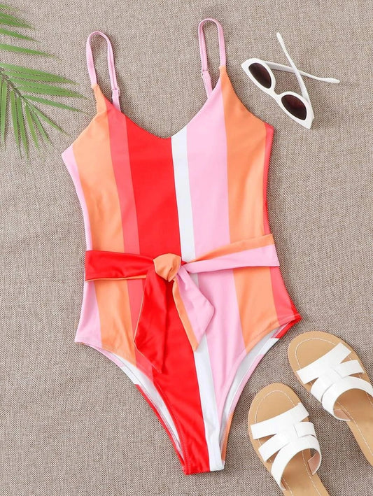CM-SWS529284 Women Trendy Seoul Style Colorful Stripe Knot Front One Piece Swimsuit