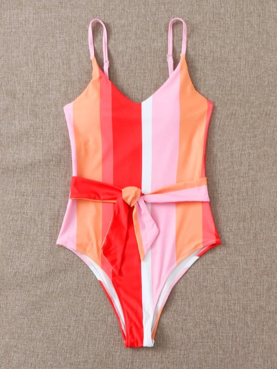CM-SWS529284 Women Trendy Seoul Style Colorful Stripe Knot Front One Piece Swimsuit