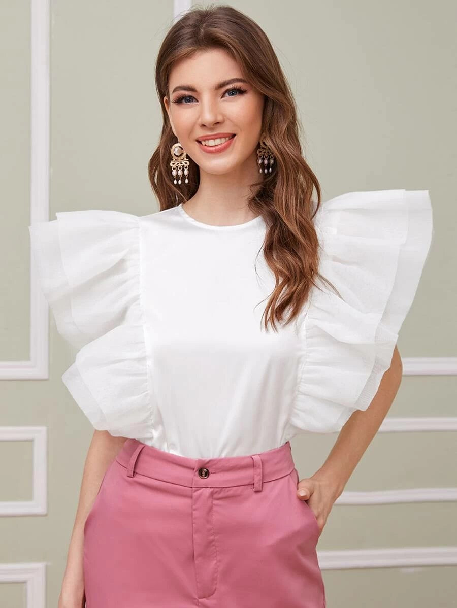 CM-TS416264 Women Casual Seoul Style Layered Ruffle Organza Armhole Satin Top - White