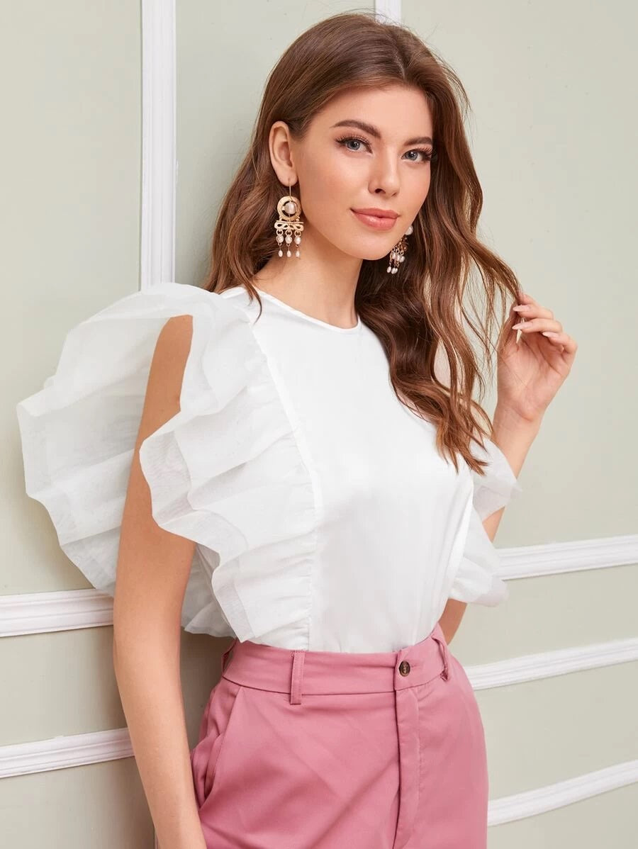 CM-TS416264 Women Casual Seoul Style Layered Ruffle Organza Armhole Satin Top - White