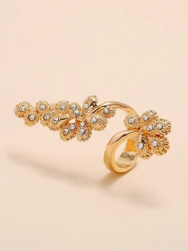 CM-AXS529010 Women Trendy Seoul Style Rhinestone Floral Decor Ring - Gold
