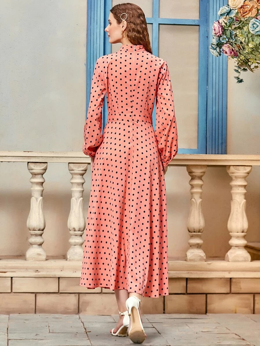 CM-DS529086 Women Elegant Seoul Style Long Sleeve Polka Dot Mock Neck A-Line Dress - Pink