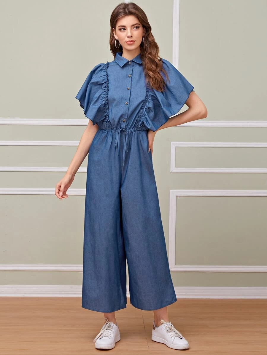 CM-JS508858 Women Casual Seoul Style Tie Front Butterfly Sleeve Shirt Wide Leg Jumpsuit - Blue