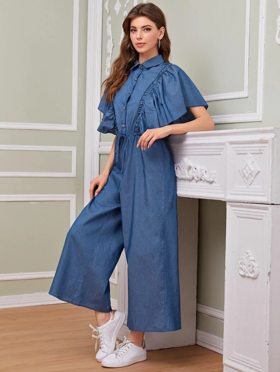 CM-JS508858 Women Casual Seoul Style Tie Front Butterfly Sleeve Shirt Wide Leg Jumpsuit - Blue