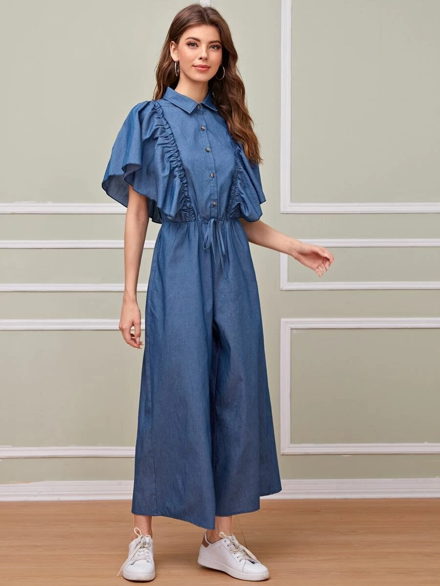 CM-JS508858 Women Casual Seoul Style Tie Front Butterfly Sleeve Shirt Wide Leg Jumpsuit - Blue