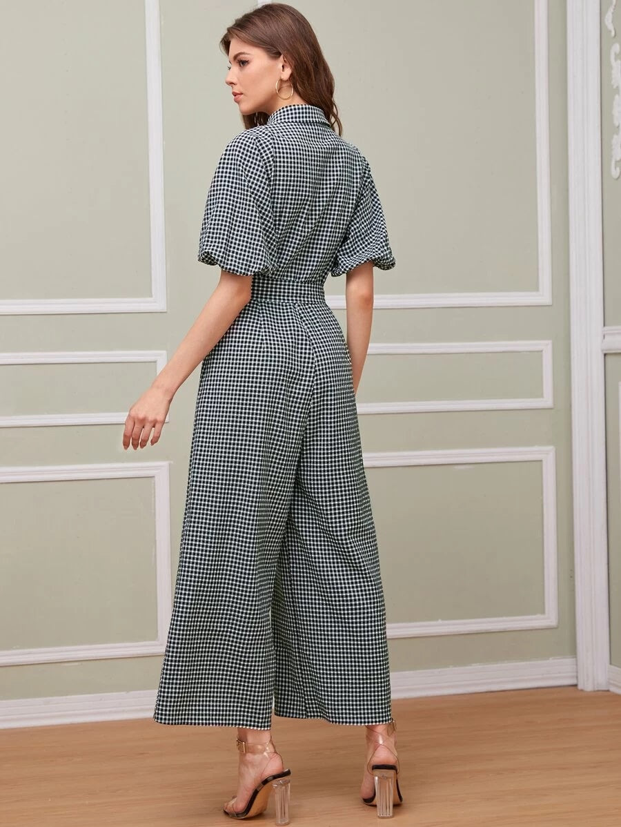 CM-JS526385 Women Elegant Seoul Style Collar Puff Sleeve Gingham Belted Shirt Jumpsuit - Black