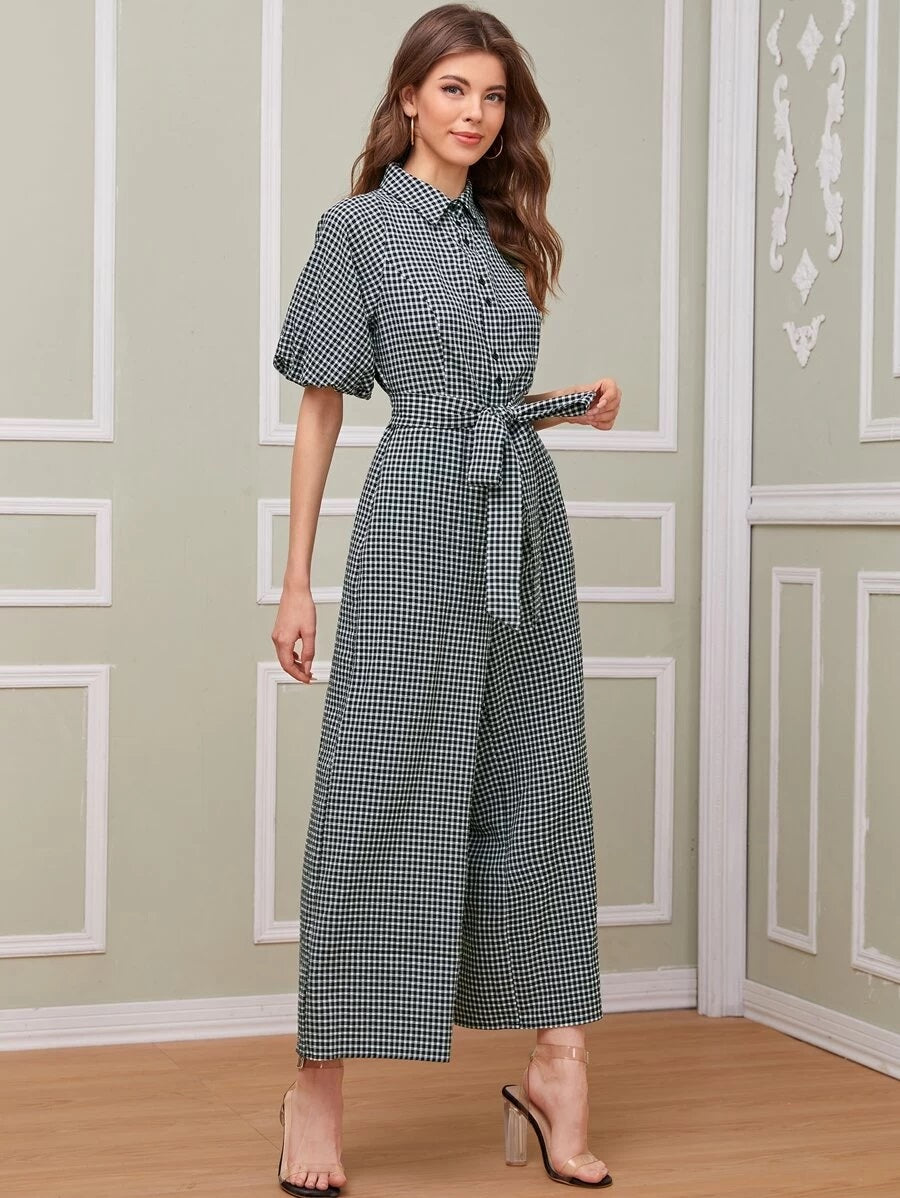 CM-JS526385 Women Elegant Seoul Style Collar Puff Sleeve Gingham Belted Shirt Jumpsuit - Black