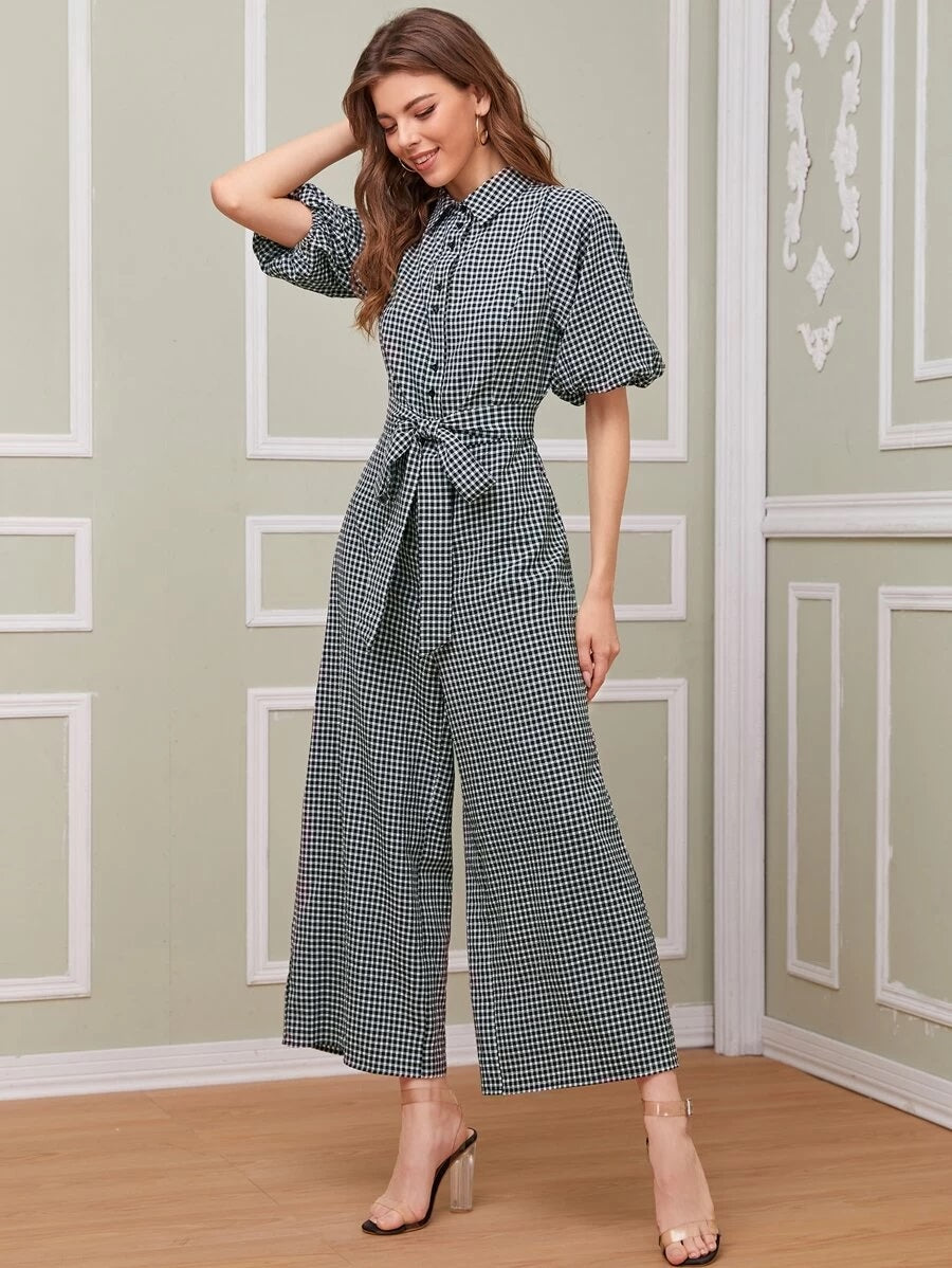 CM-JS526385 Women Elegant Seoul Style Collar Puff Sleeve Gingham Belted Shirt Jumpsuit - Black