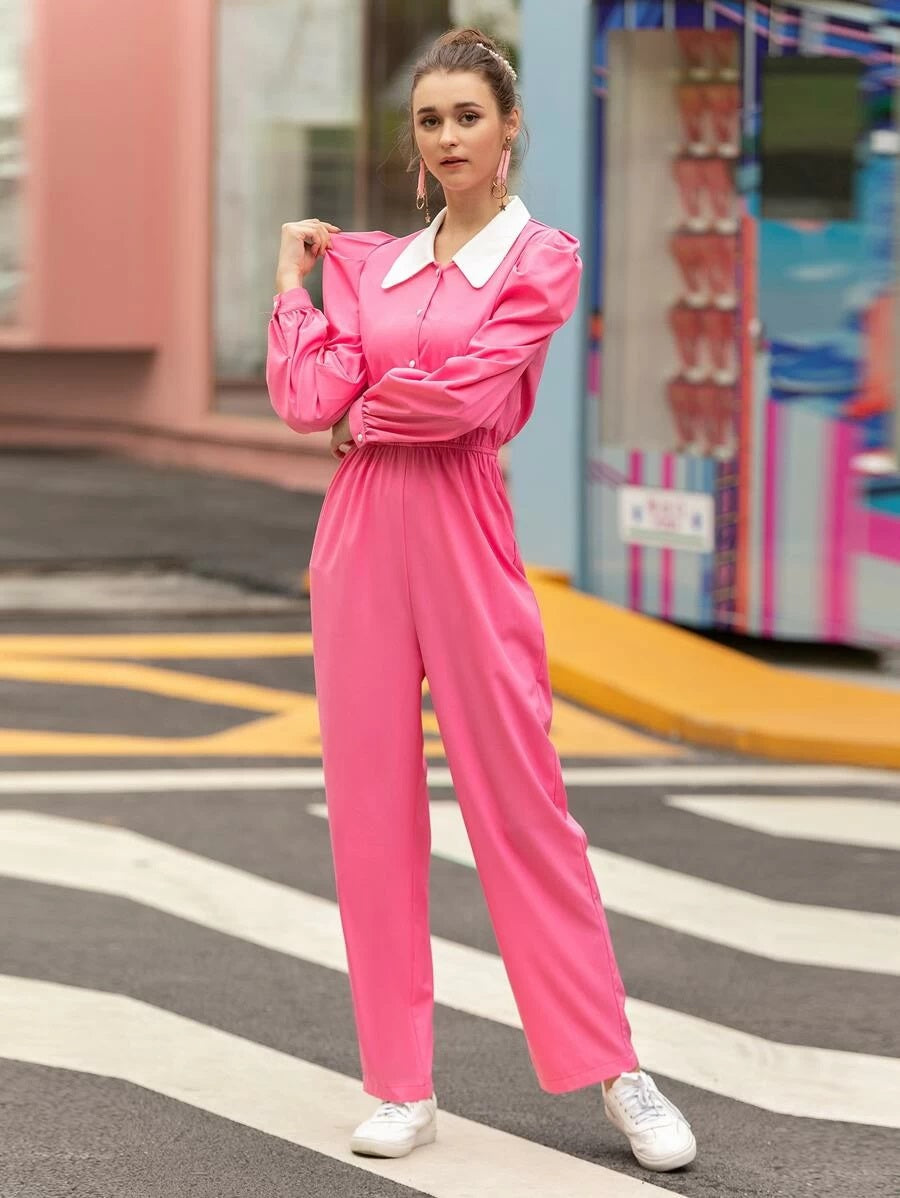 CM-JS522573 Women Casual Seoul Style Puff Sleeve Contrast Collar Shirt Straight Leg Jumpsuit - Pink