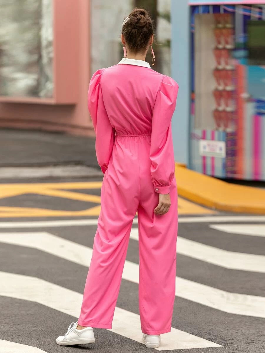 CM-JS522573 Women Casual Seoul Style Puff Sleeve Contrast Collar Shirt Straight Leg Jumpsuit - Pink