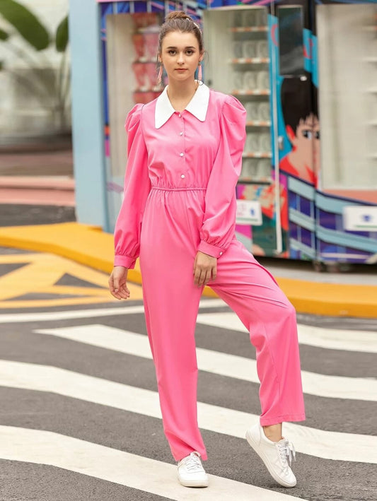 CM-JS522573 Women Casual Seoul Style Puff Sleeve Contrast Collar Shirt Straight Leg Jumpsuit - Pink