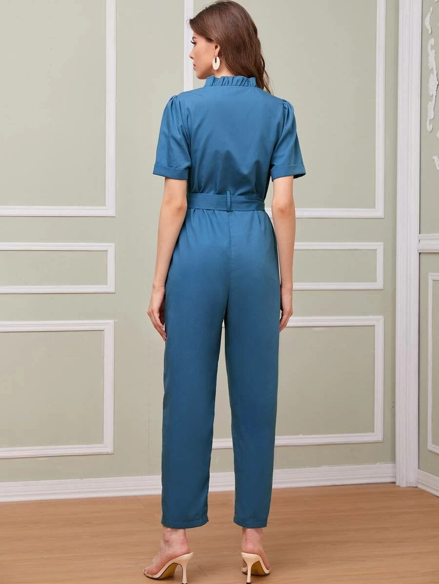 CM-JS518917 Women Casual Seoul Style Frill Trim Button Front Pocket Patched Rolled Cuff Belted Jumpsuit