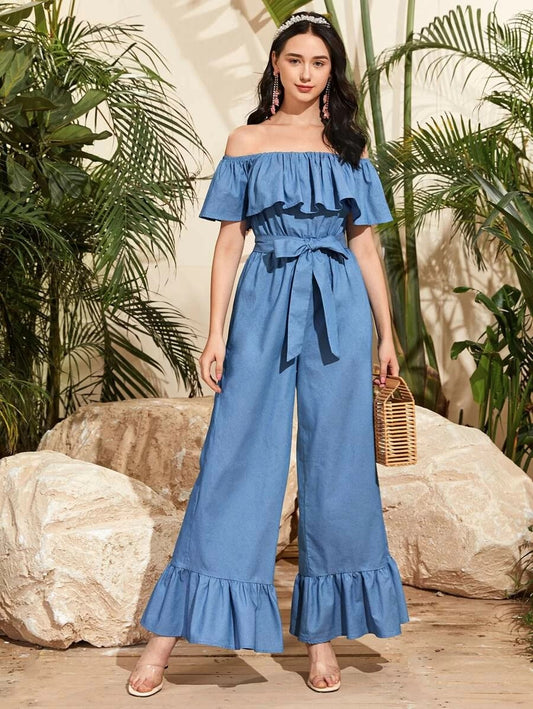 CM-JS526059 Women Casual Seoul Style Off Shoulder Foldover Front Self Belted Flare Leg Jumpsuit