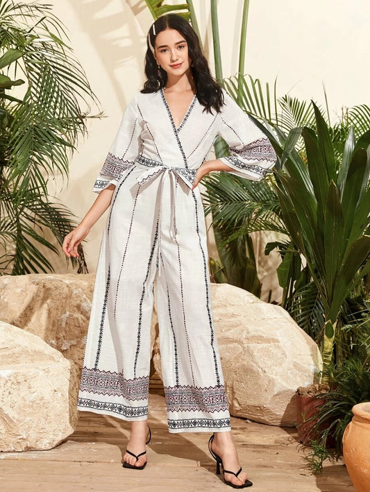 CM-JS509497 Women Trendy Bohemian Style Surplice Neck Self Belted Wide Leg Tribal Print Jumpsuit