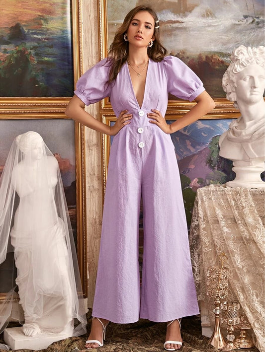 CM-JS527494 Women Elegant Seoul Style Plunge Neck Button Front Gingham Wide Leg Jumpsuit