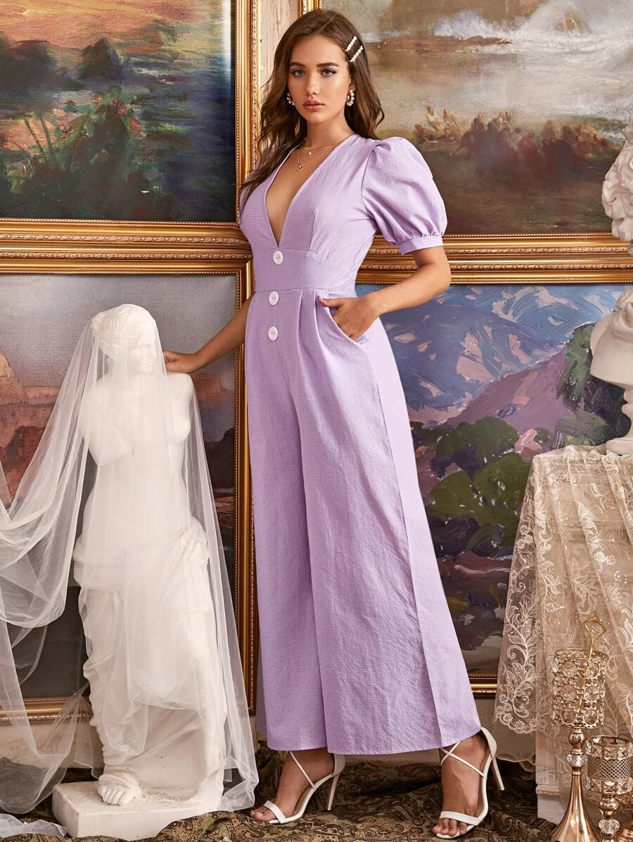 CM-JS527494 Women Elegant Seoul Style Plunge Neck Button Front Gingham Wide Leg Jumpsuit