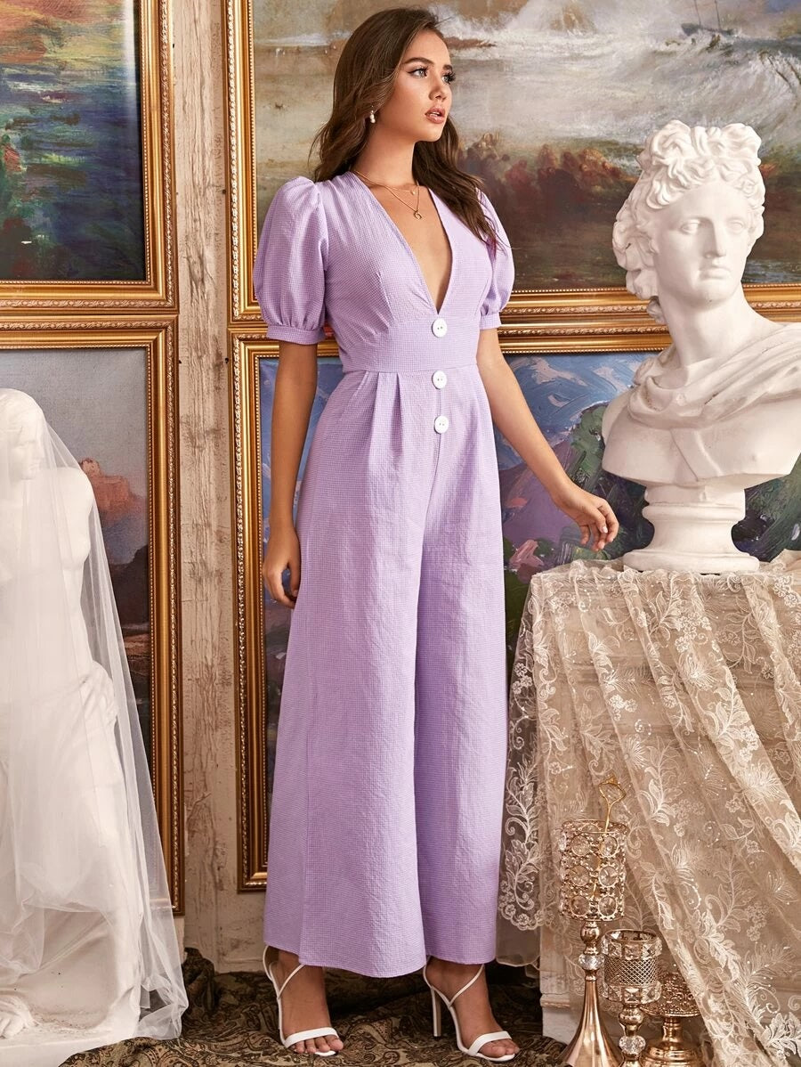 CM-JS527494 Women Elegant Seoul Style Plunge Neck Button Front Gingham Wide Leg Jumpsuit