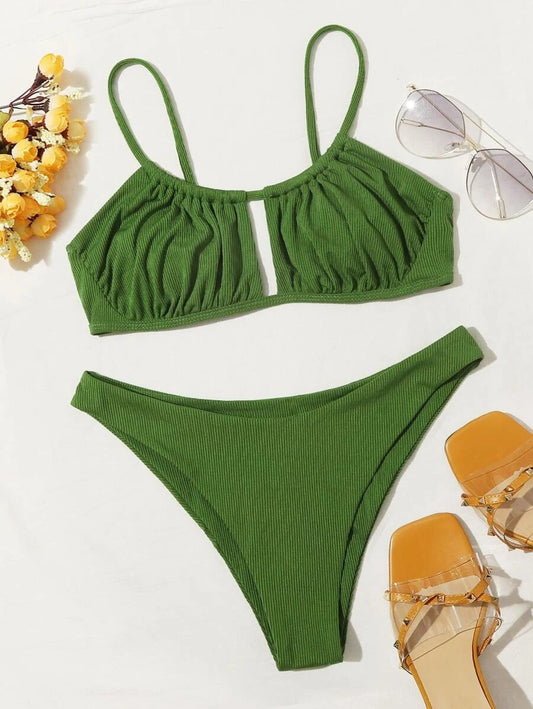 CM-SWS601279 Women Trendy Seoul Style Rib Ruched Bust Bikini Swimsuit - Army Green