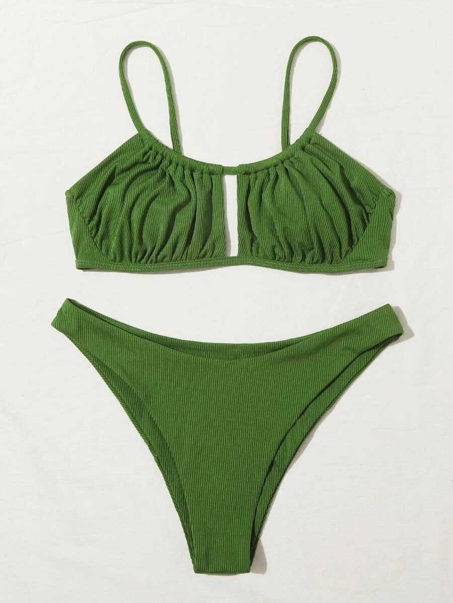 CM-SWS601279 Women Trendy Seoul Style Rib Ruched Bust Bikini Swimsuit - Army Green