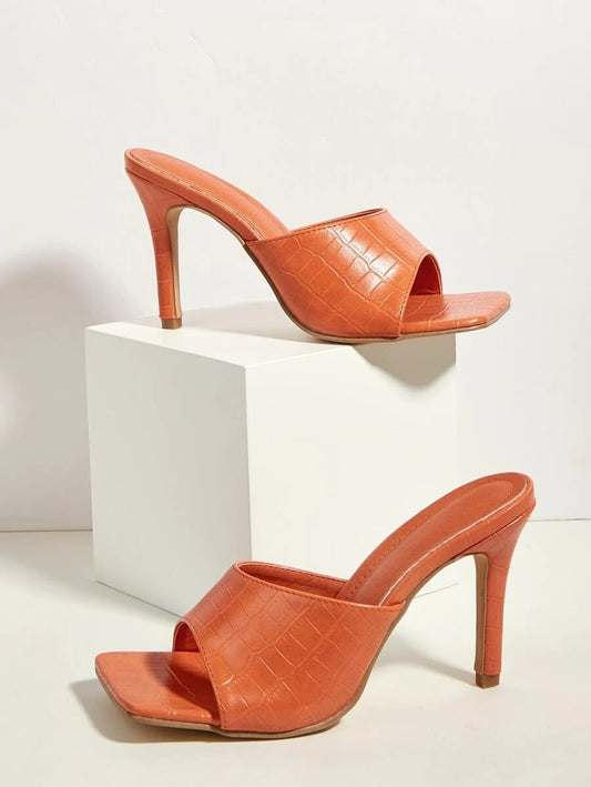 CM-SHS601486 Women Elegant Seoul Style Croc Embossed Stiletto Heeled Sandal Mules - Orange