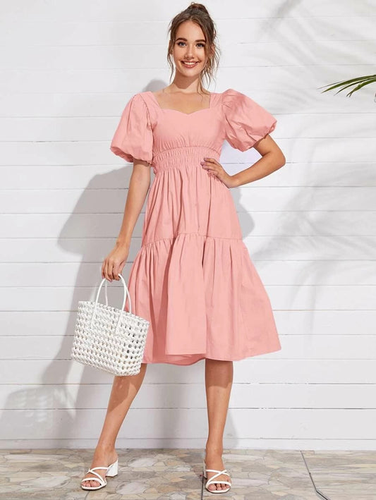 CM-DS528832 Women Trendy Seoul Style Bishop Sleeve Shirred Waist Solid Midi Dress - Pink