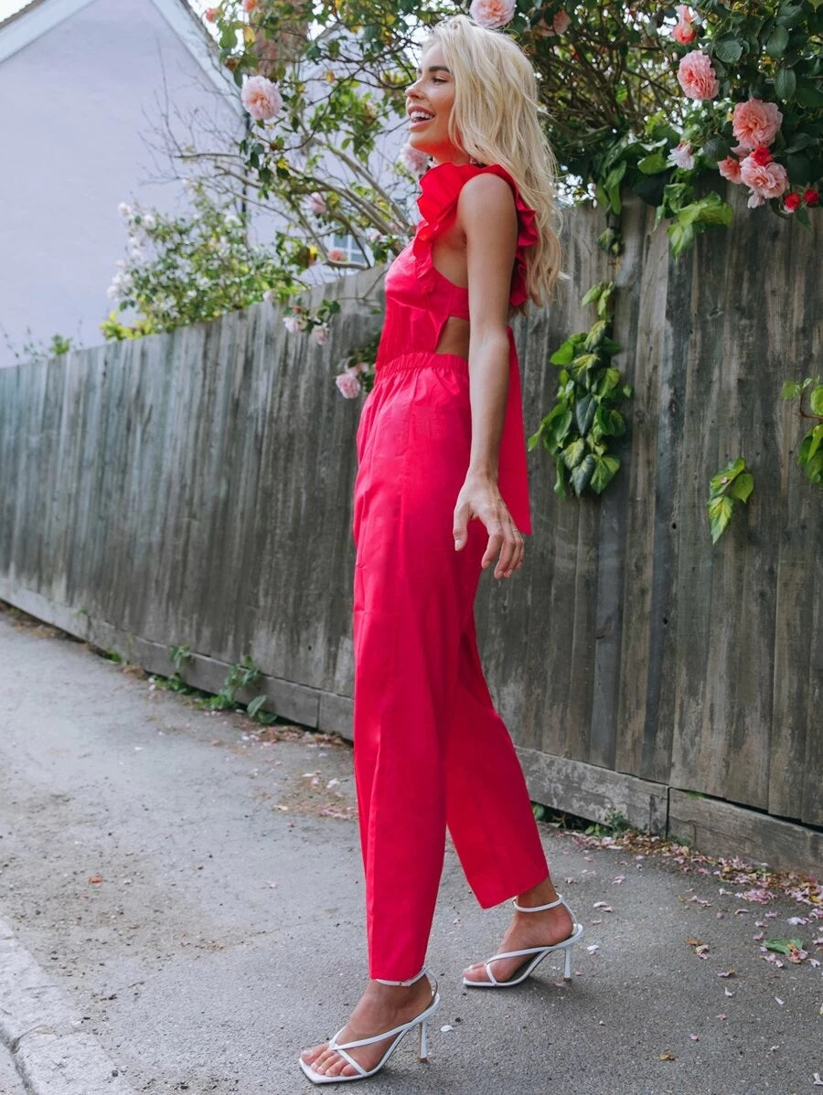 CM-JS420342 Women Trendy Bohemian Style Tie Backless Ruffle Armhole Belted Jumpsuit - Red
