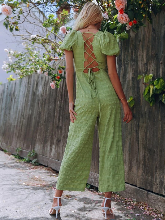 CM-JS420021 Women Trendy Bohemian Style Lace Up Back Puff Sleeve Textured Palazzo Jumpsuit - Green