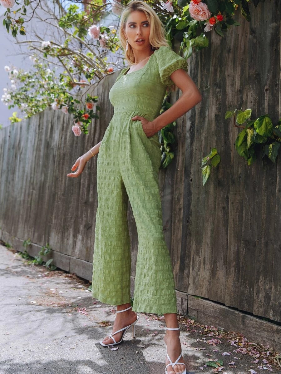 CM-JS420021 Women Trendy Bohemian Style Lace Up Back Puff Sleeve Textured Palazzo Jumpsuit - Green