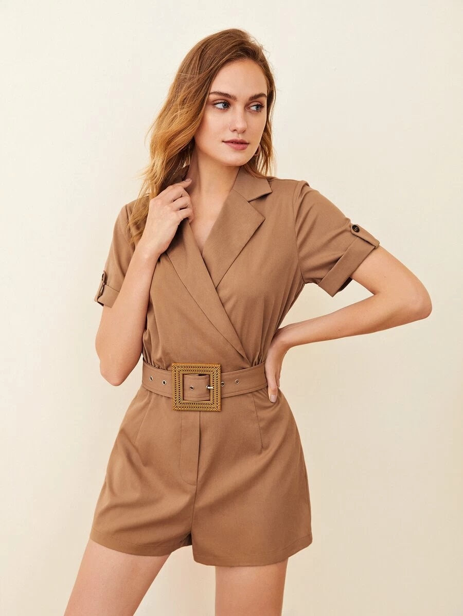 CM-JS512768 Women Casual Seoul Style Lapel Collar Roll Tab Sleeve Buckle Belted Romper - Camel