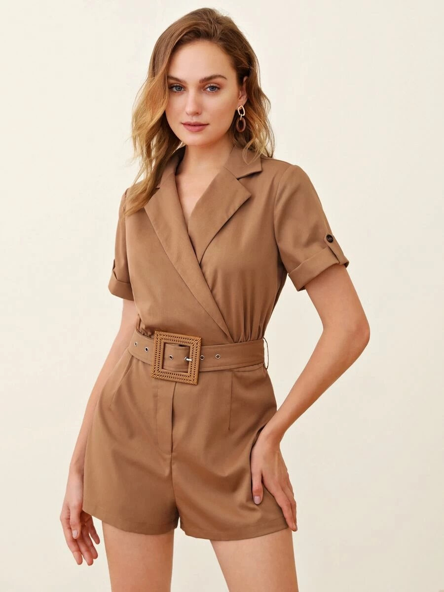 CM-JS512768 Women Casual Seoul Style Lapel Collar Roll Tab Sleeve Buckle Belted Romper - Camel
