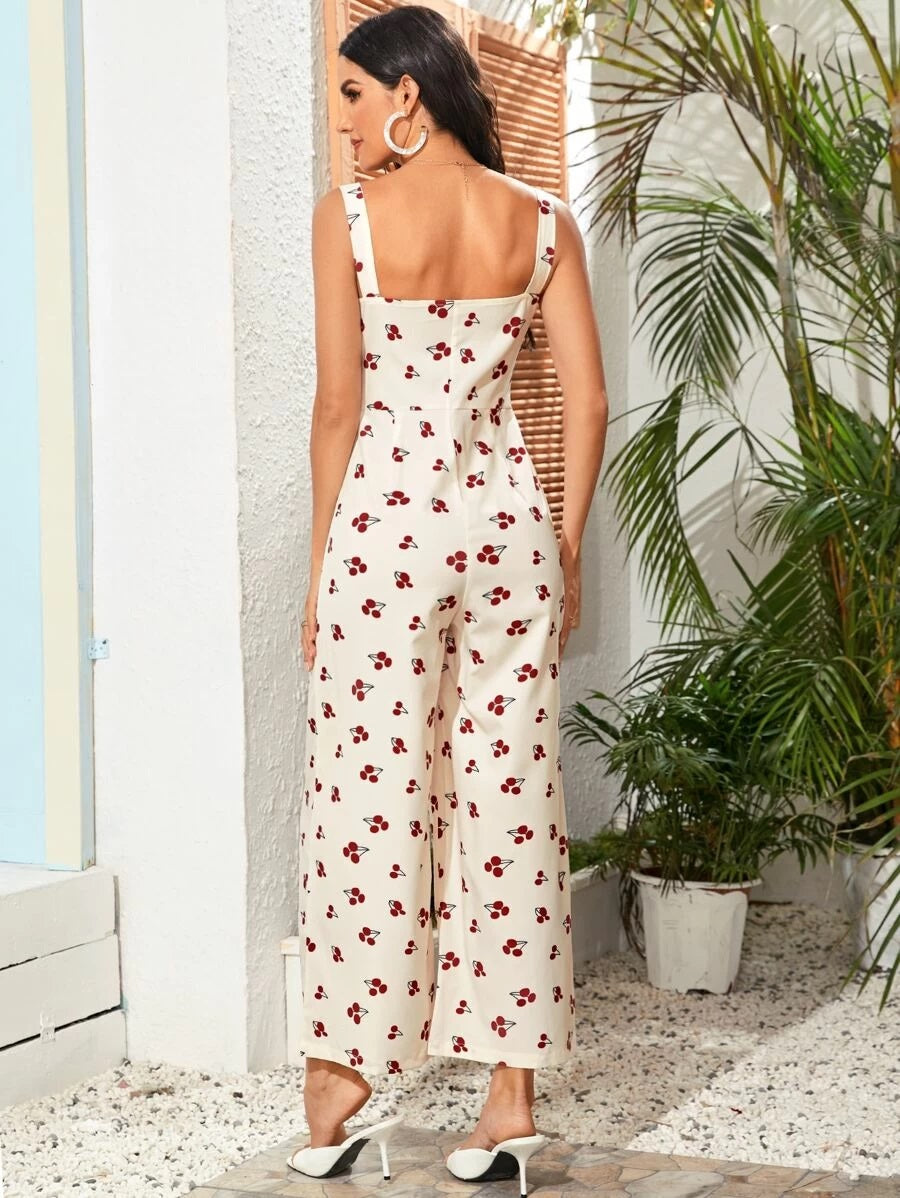 CM-JS525682 Women Casual Seoul Style Sleeveless Cherry Print Ruched Bust Jumpsuit - Beige