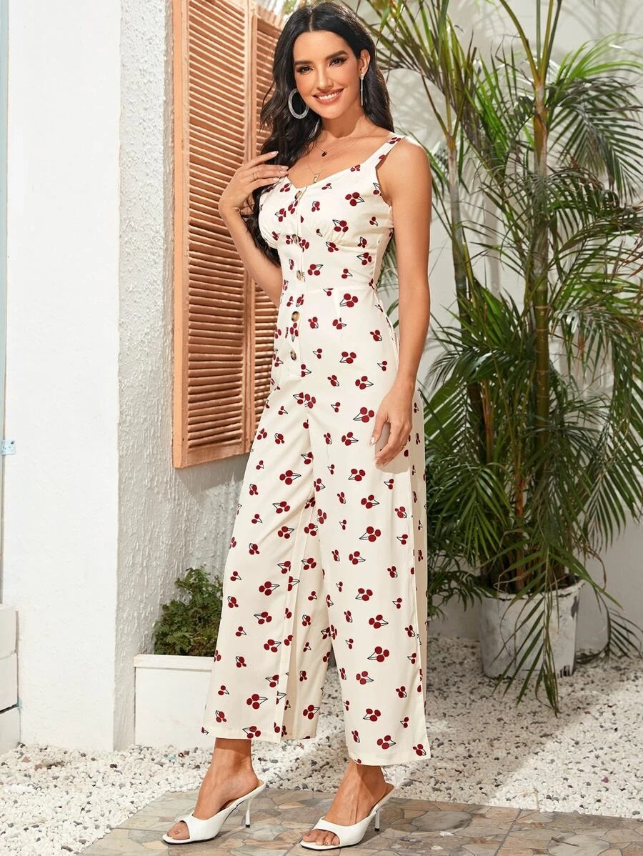 CM-JS525682 Women Casual Seoul Style Sleeveless Cherry Print Ruched Bust Jumpsuit - Beige