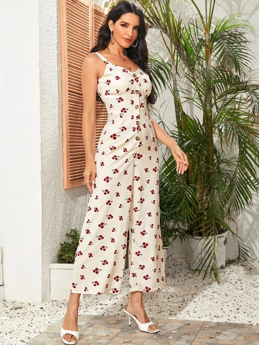 CM-JS525682 Women Casual Seoul Style Sleeveless Cherry Print Ruched Bust Jumpsuit - Beige