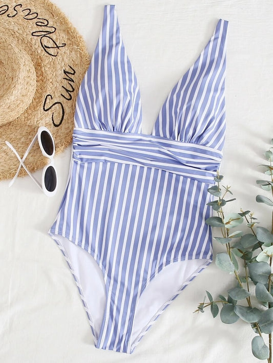 CM-SWS603151 Women Trendy Seoul Style Striped Print One Piece Swimsuit - Blue