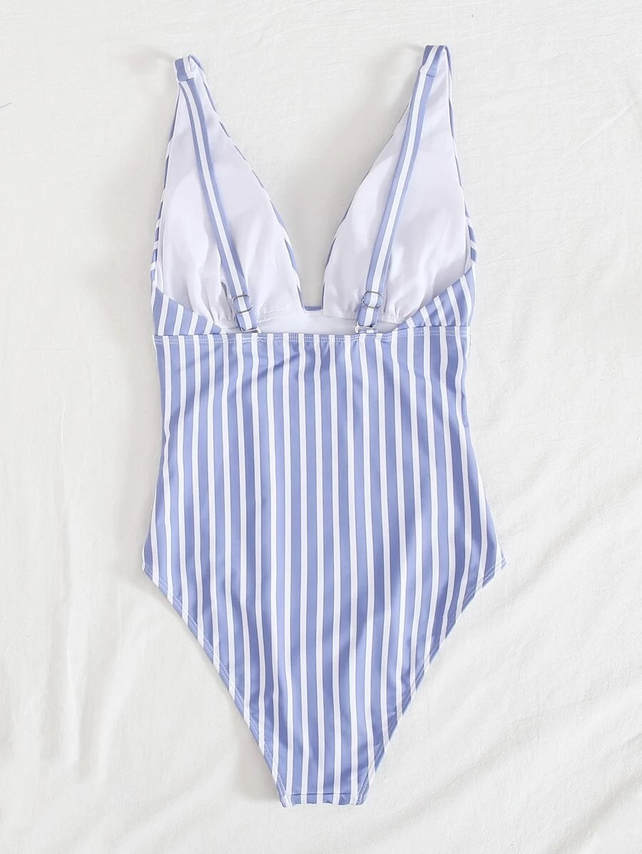 CM-SWS603151 Women Trendy Seoul Style Striped Print One Piece Swimsuit - Blue