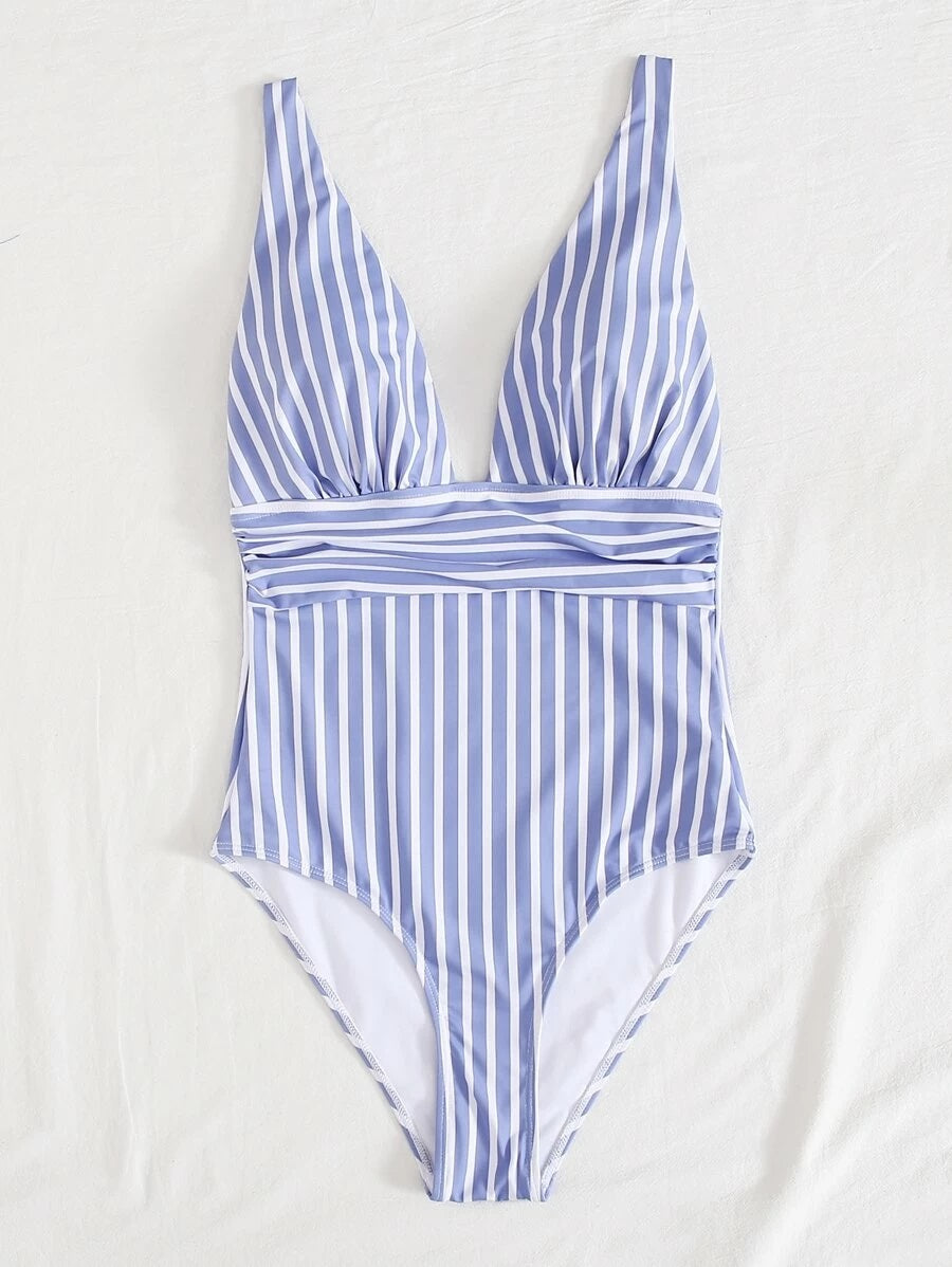 CM-SWS603151 Women Trendy Seoul Style Striped Print One Piece Swimsuit - Blue