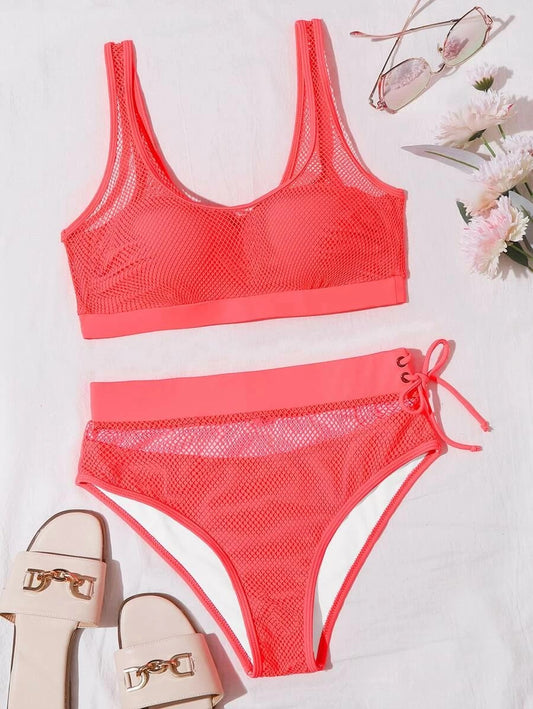 CM-SWS603889 Women Trendy Seoul Style Fishnet Overlay Underwire Bikini Swimsuit - Pink