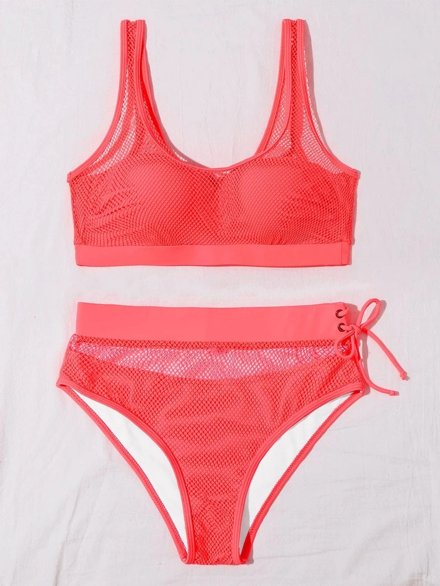 CM-SWS603889 Women Trendy Seoul Style Fishnet Overlay Underwire Bikini Swimsuit - Pink