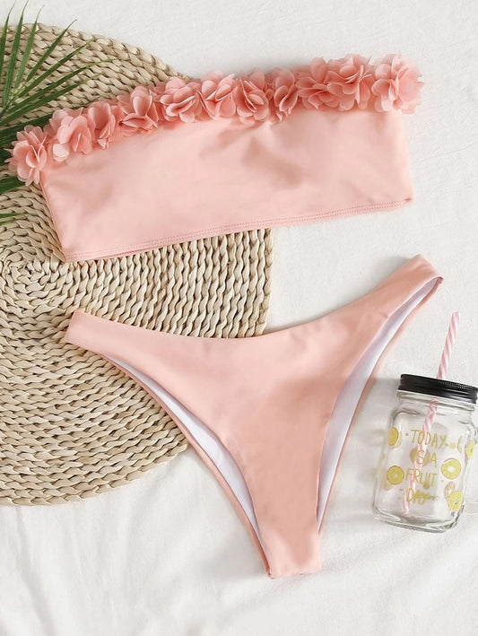 CM-SWS603556 Women Trendy Seoul Style Appliques Bandeau Bikini Swimsuit - Pink