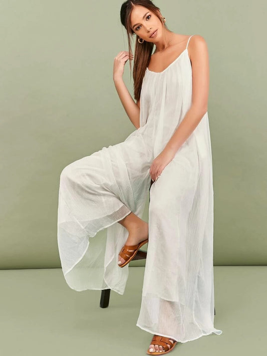 CM-JS427289 Women Trendy Bohemian Style Gathered Neckline Wide Leg Slip Jumpsuit - White