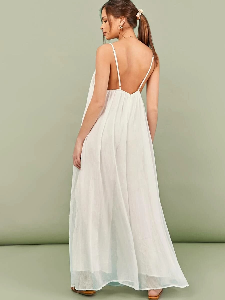 CM-JS427289 Women Trendy Bohemian Style Gathered Neckline Wide Leg Slip Jumpsuit - White