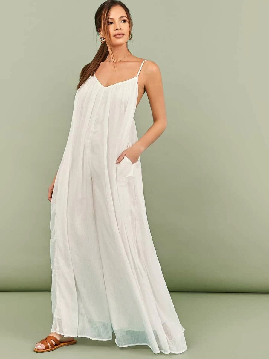 CM-JS427289 Women Trendy Bohemian Style Gathered Neckline Wide Leg Slip Jumpsuit - White