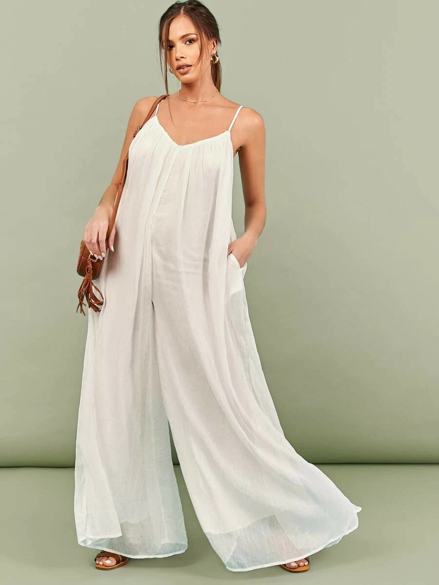 CM-JS427289 Women Trendy Bohemian Style Gathered Neckline Wide Leg Slip Jumpsuit - White